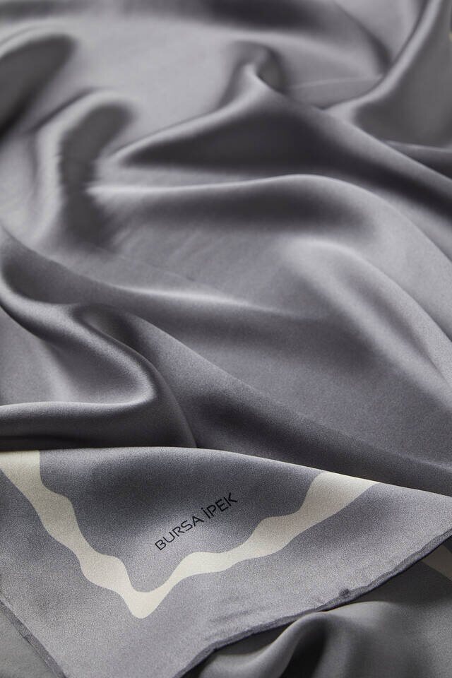 Dark Gray Bordered Water Wave Silk Square Scarf - 3