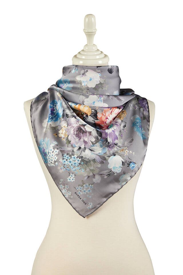 Dark Gray Quadrangle Pattern Silky Square Scarf - 2