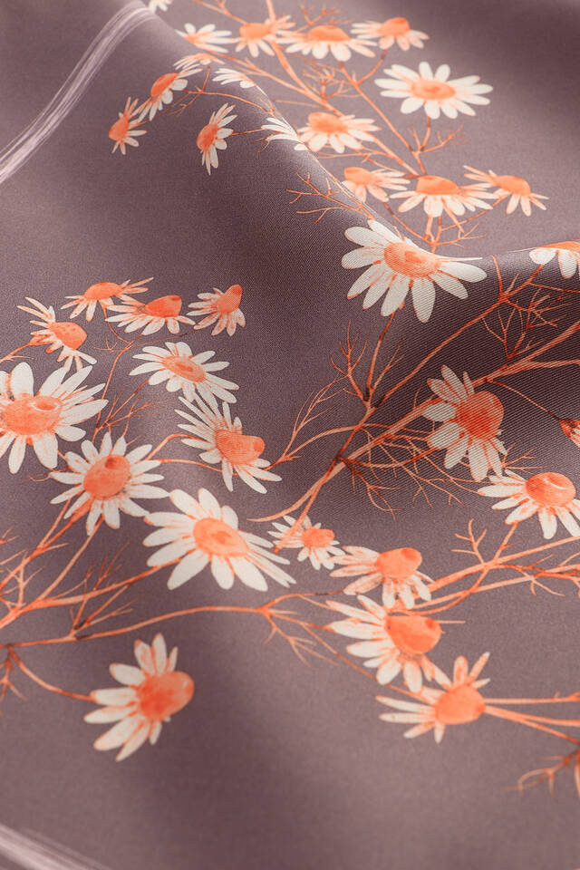 Dark Lilac Daisy Pattern Twill Silk Square Scarf - 3