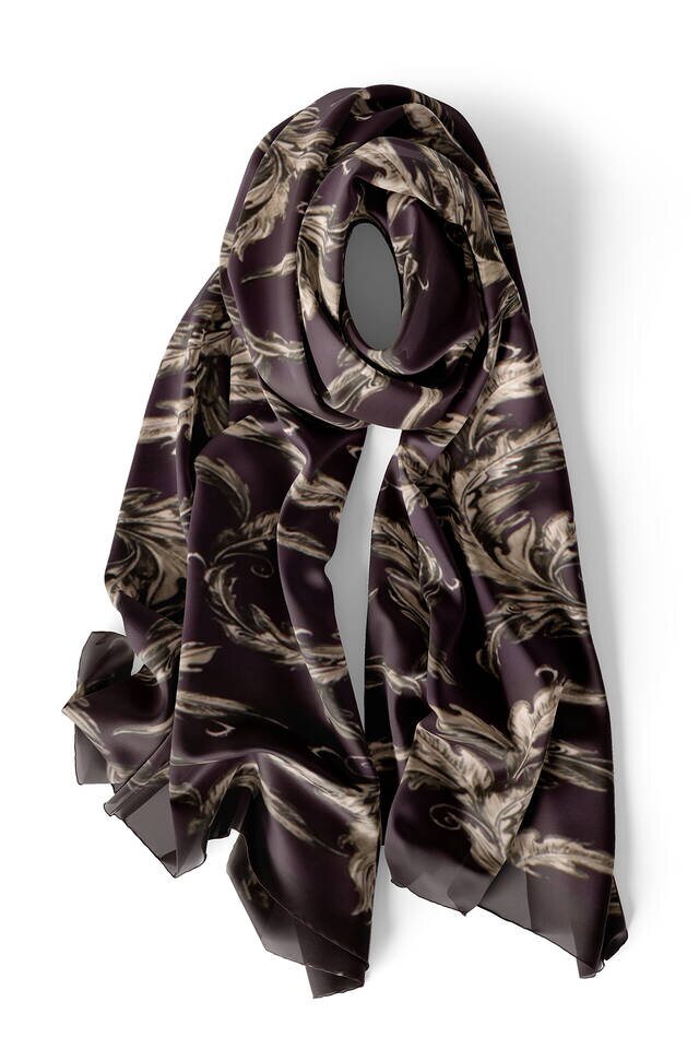 Dark Plum Leaf Pattern Silk Foulard - 3