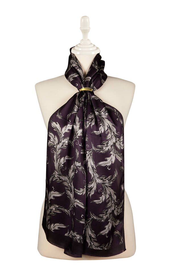 Dark Plum Leaf Pattern Silk Foulard 