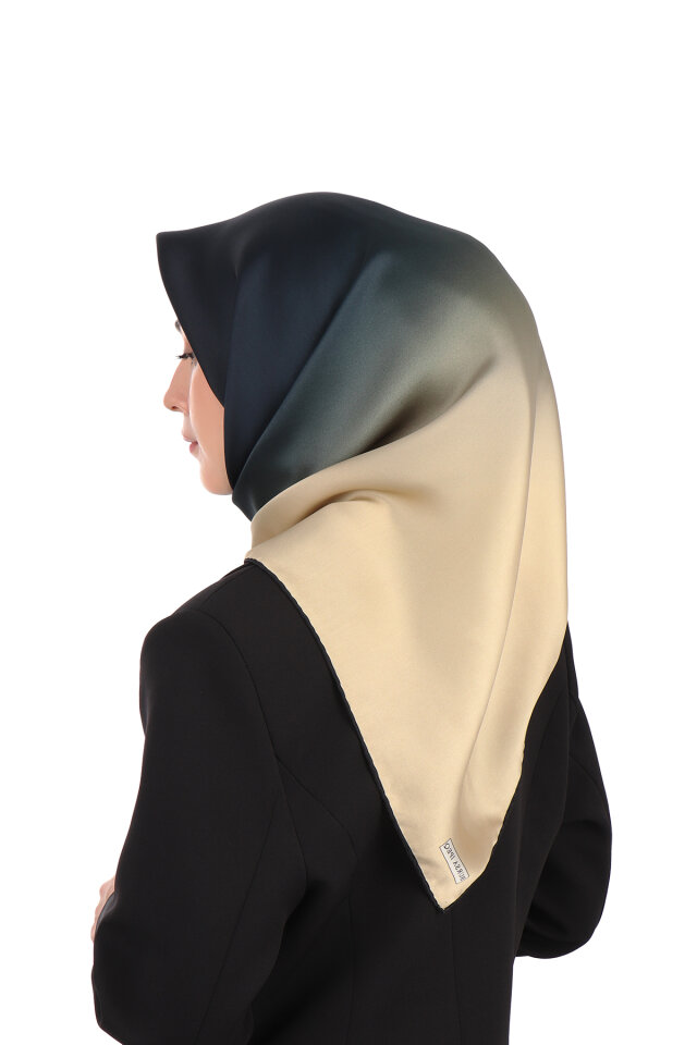 Beige Navy Blue Gradient Sura Silk Scarf - 2