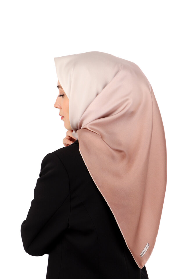 Koyu Somon Ekru Degrade Twill İpek Eşarp - 2