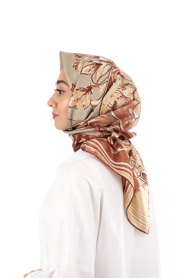 Bej Derya Desen Twill İpek Eşarp - 3