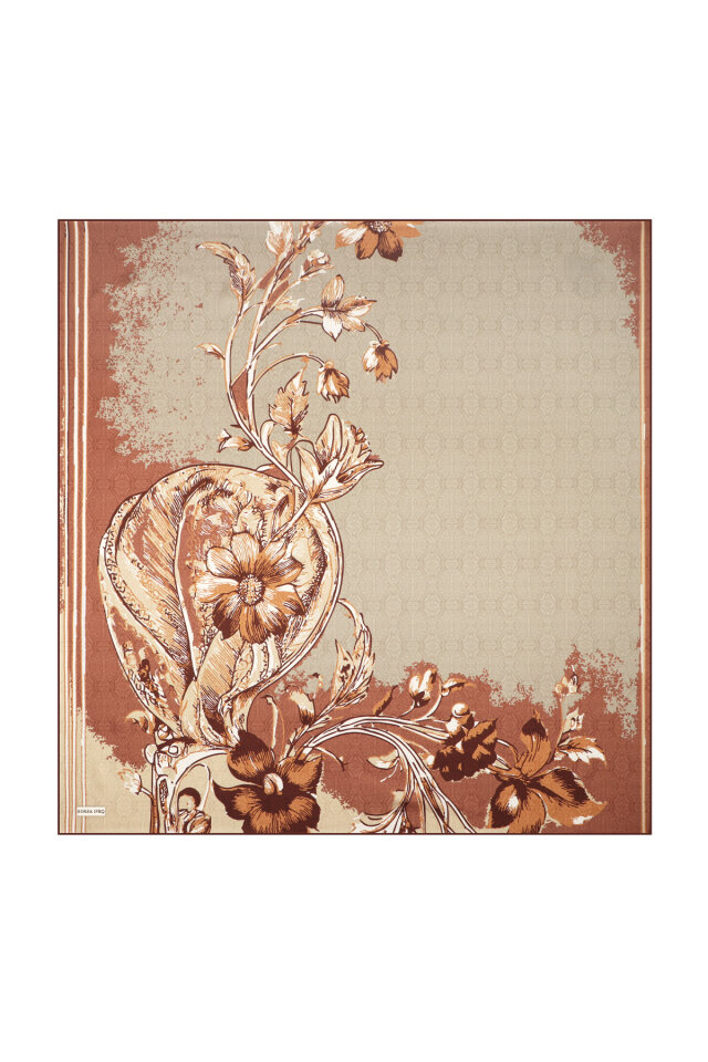 Bej Derya Desen Twill İpek Eşarp - 1