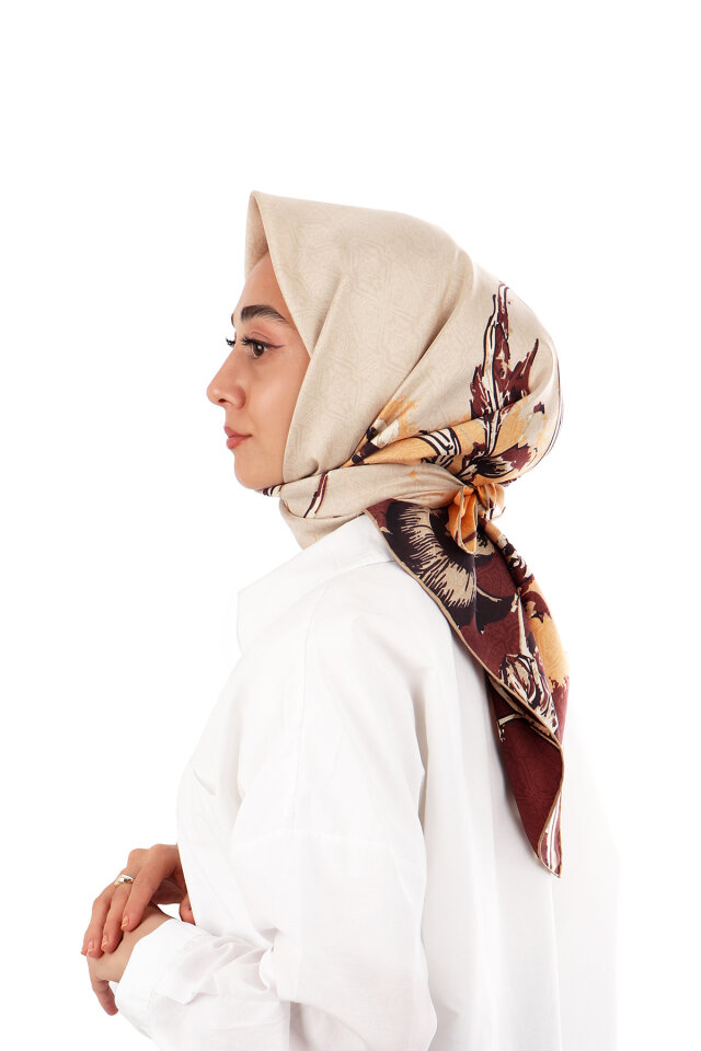 Kahverengi Derya Desen Twill İpek Eşarp - 2