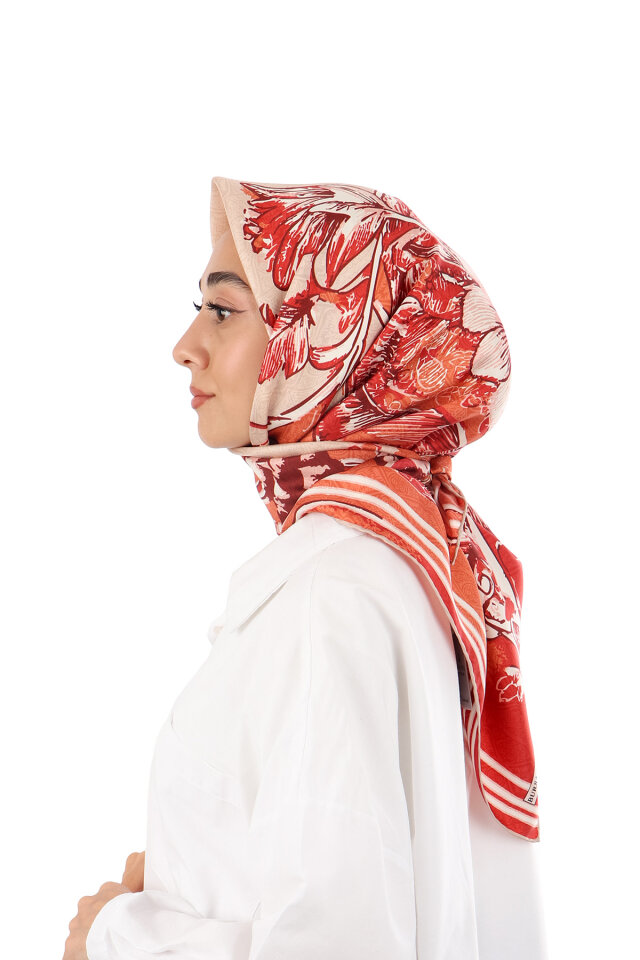 Mercan Derya Desen Twill İpek Eşarp - 2