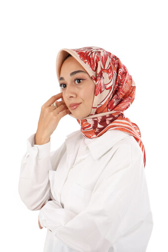 Mercan Derya Desen Twill İpek Eşarp 