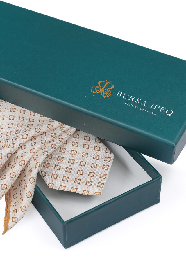 Ekru Desenli İpek Kravat Takımı - 4