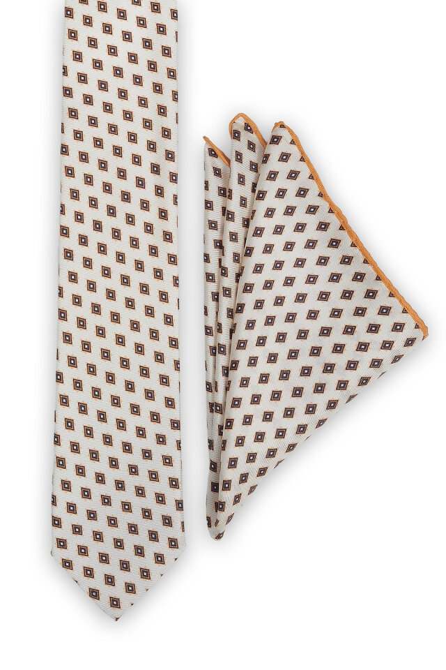 Ekru Desenli İpek Kravat Takımı - 2