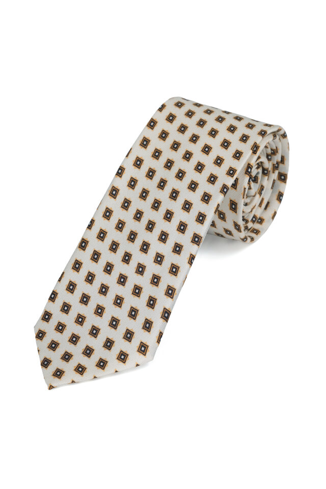 Ekru Desenli İpek Kravat Takımı - 3