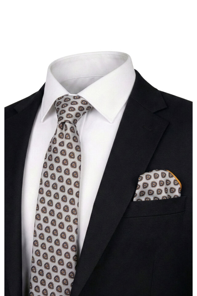 Ekru Desenli İpek Kravat Takımı - Bursa İpek
