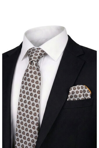 Ekru Desenli İpek Kravat Takımı 