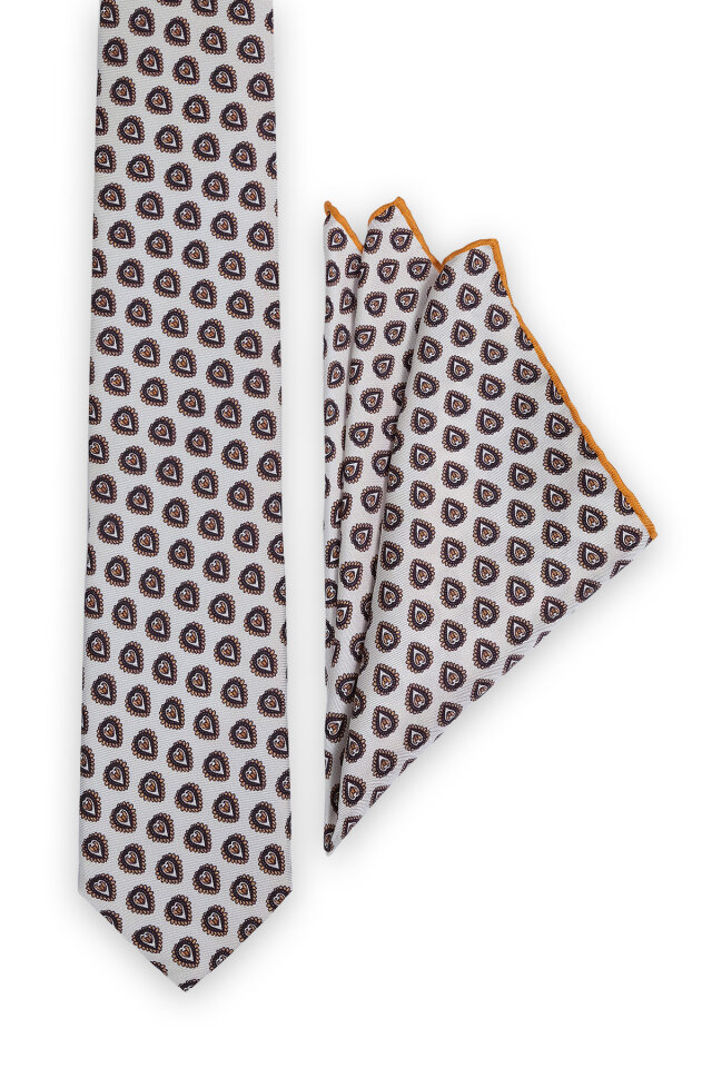 Ekru Desenli İpek Kravat Takımı - Bursa İpek