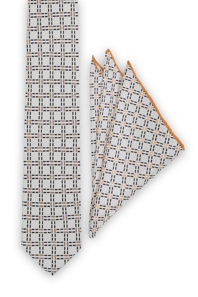 Ekru Desenli İpek Kravat Takımı - 2