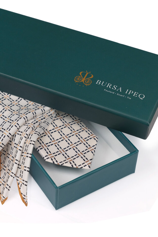 Ekru Desenli İpek Kravat Takımı - 4