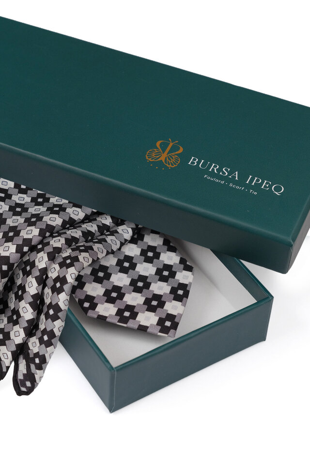 Gri Desenli İpek Kravat Takımı - 4