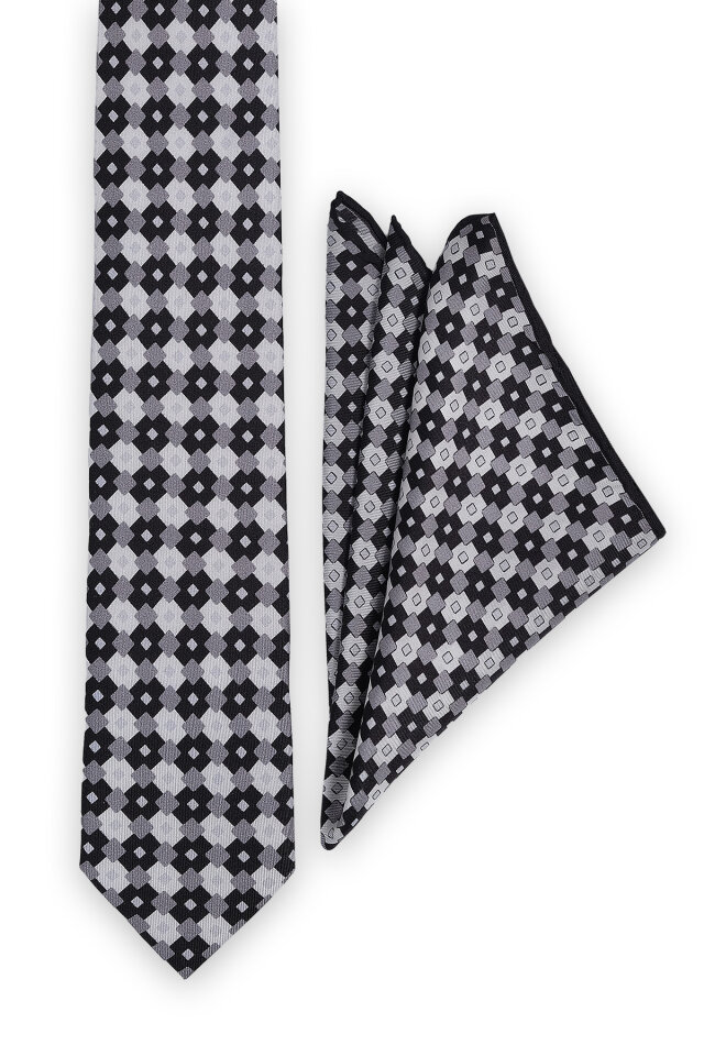 Gri Desenli İpek Kravat Takımı - 2