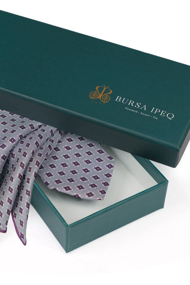 Gri Desenli İpek Kravat Takımı - 4