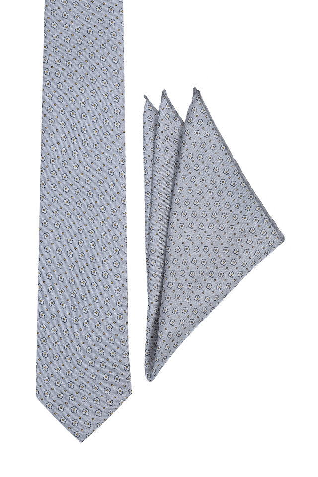 Gri Desenli İpek Kravat Takımı - Bursa İpek