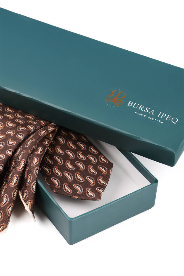 Kahverengi Desenli İpek Kravat Takımı - 4