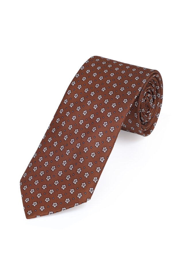 Kahverengi Desenli İpek Kravat Takımı - 3