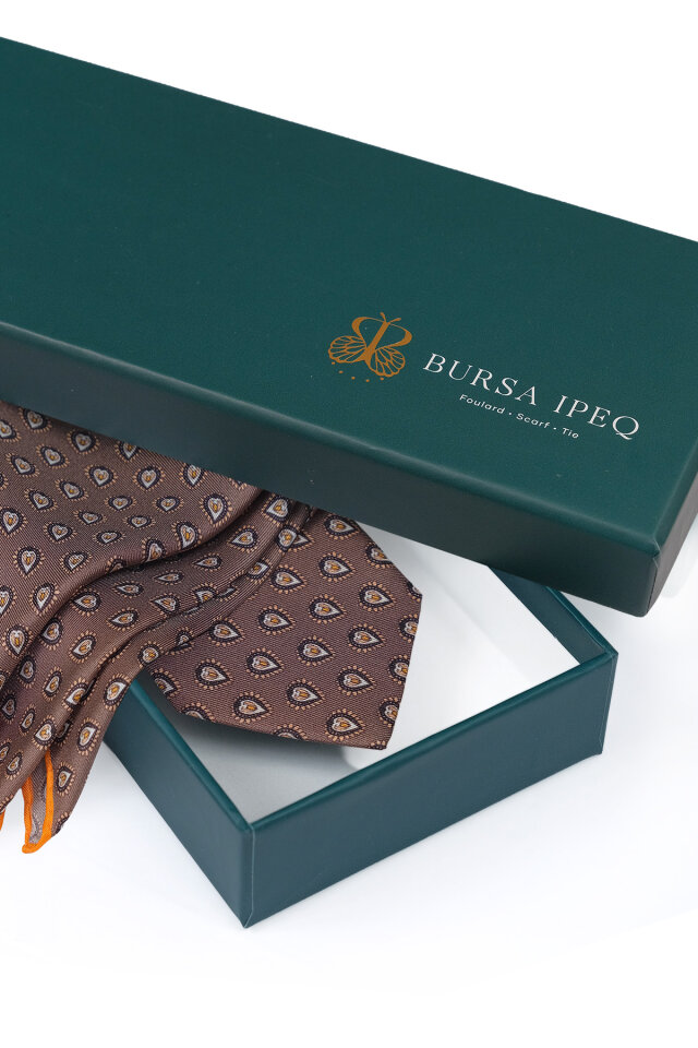 Kahverengi Desenli İpek Kravat Takımı - 4