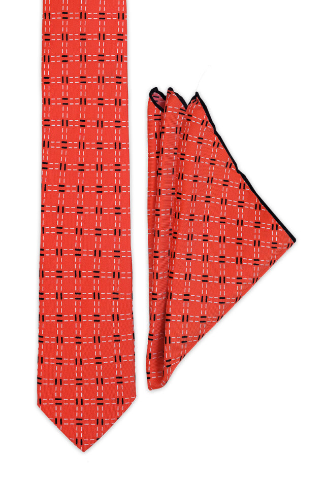 Kırmızı Desenli İpek Kravat Takımı - 2