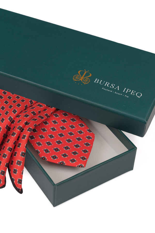 Kırmızı Desenli İpek Kravat Takımı - 4