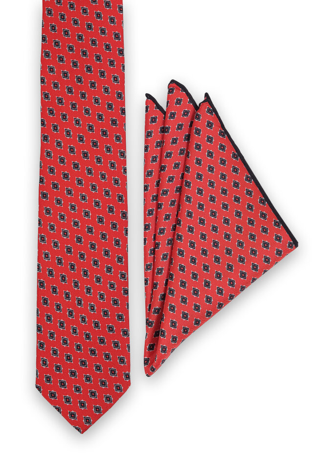 Kırmızı Desenli İpek Kravat Takımı - Bursa İpek