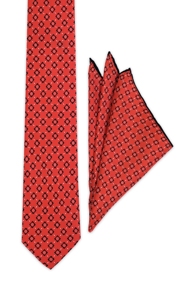 Kırmızı Desenli İpek Kravat Takımı - 2