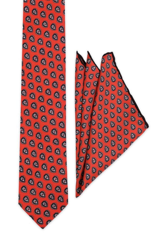 Kırmızı Desenli İpek Kravat Takımı - 2