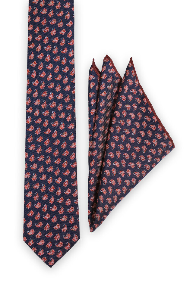 Lacivert Desenli İpek Kravat Takımı - 2
