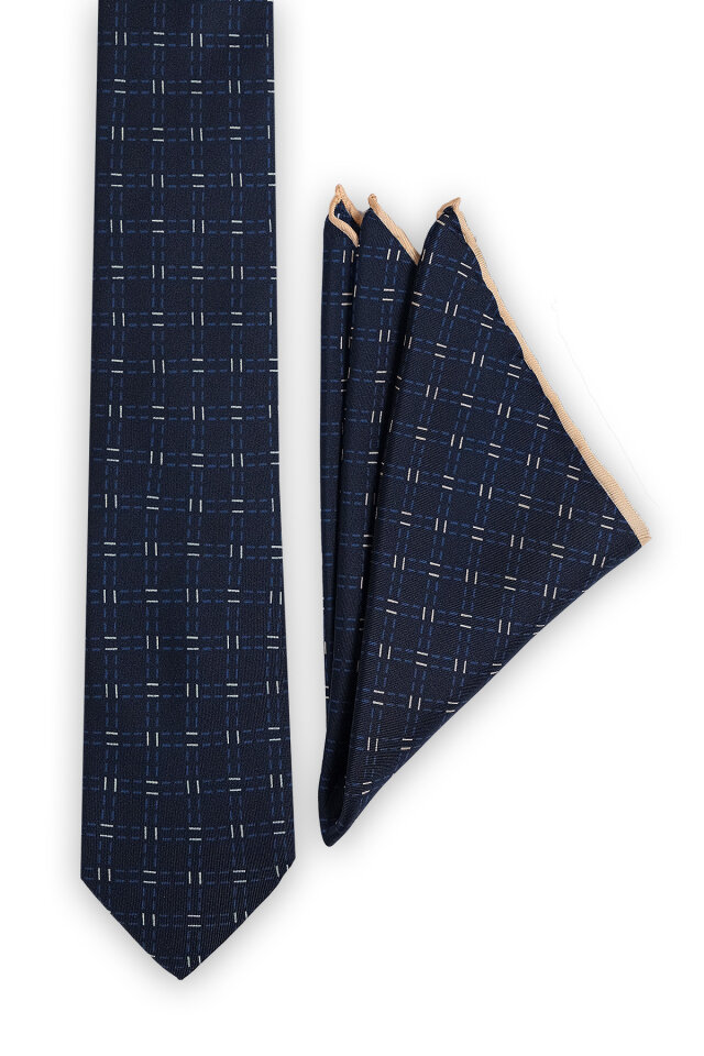 Lacivert Desenli İpek Kravat Takımı - 2