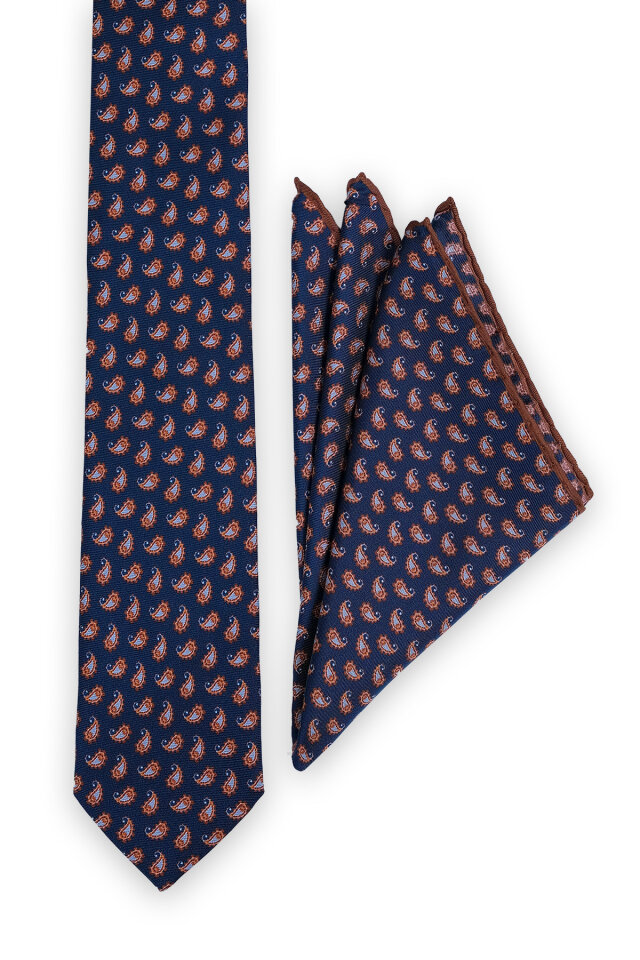 Lacivert Desenli İpek Kravat Takımı - 2