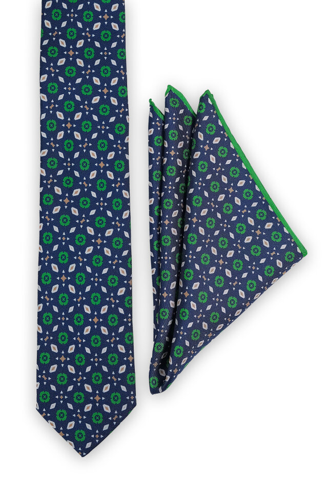 Lacivert Desenli İpek Kravat Takımı - Bursa İpek