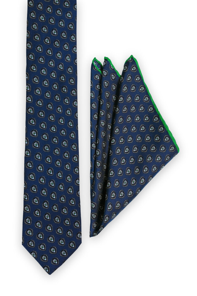 Lacivert Desenli İpek Kravat Takımı - Bursa İpek