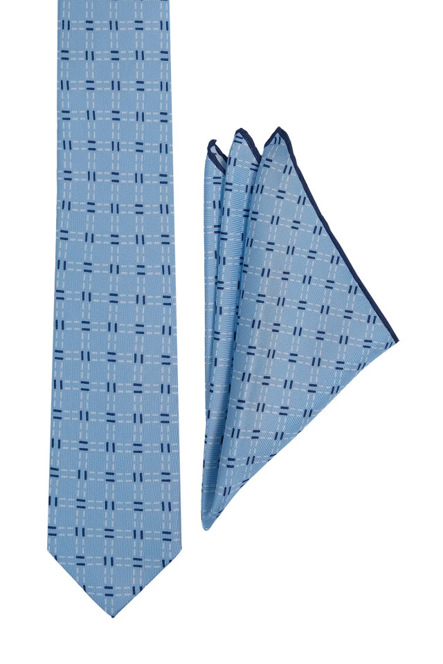 Mavi Desenli İpek Kravat Takımı - 2