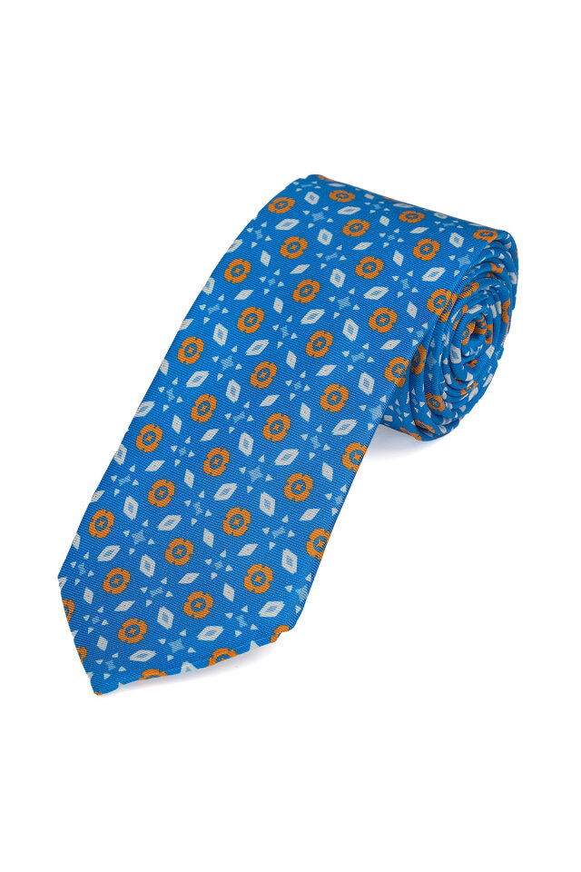Mavi Desenli İpek Kravat Takımı - 3
