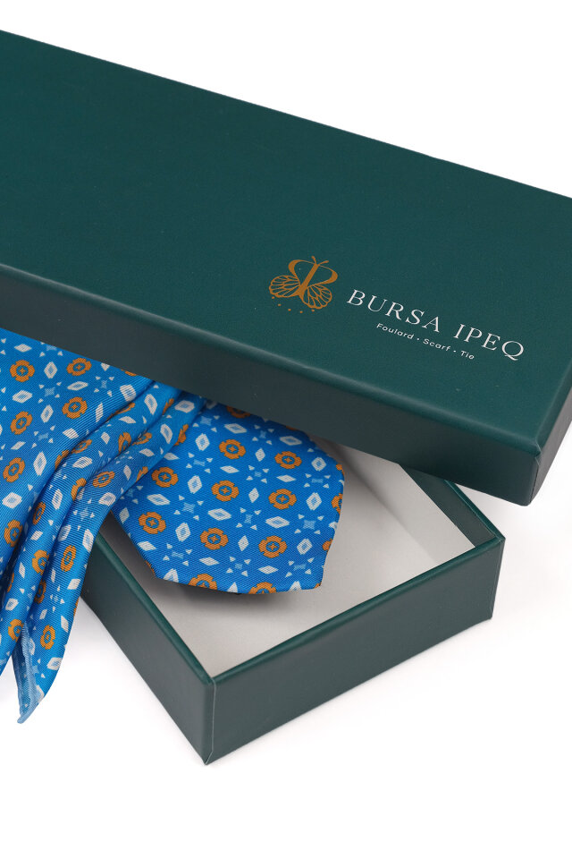 Mavi Desenli İpek Kravat Takımı - 4