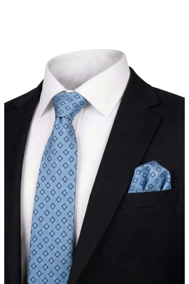 Mavi Desenli İpek Kravat Takımı - Bursa İpek