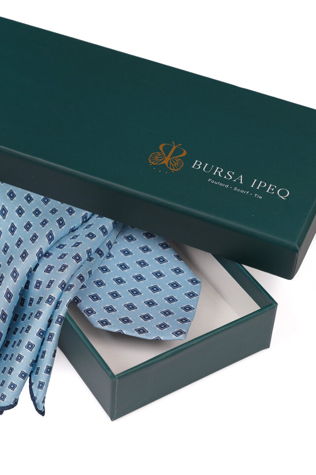 Mavi Desenli İpek Kravat Takımı - 4