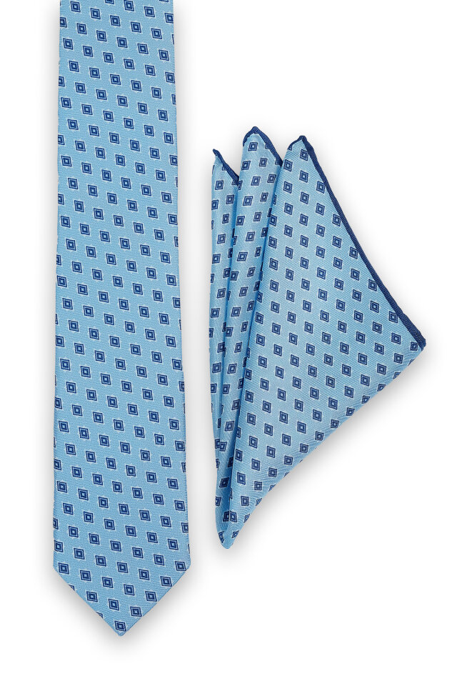 Mavi Desenli İpek Kravat Takımı - Bursa İpek