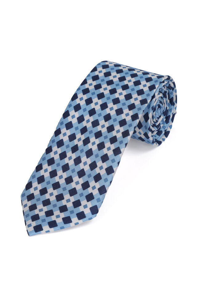 Mavi Desenli İpek Kravat Takımı - 3