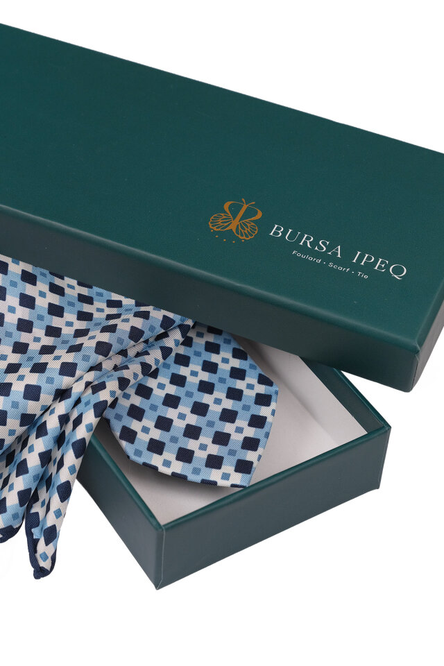 Mavi Desenli İpek Kravat Takımı - 4