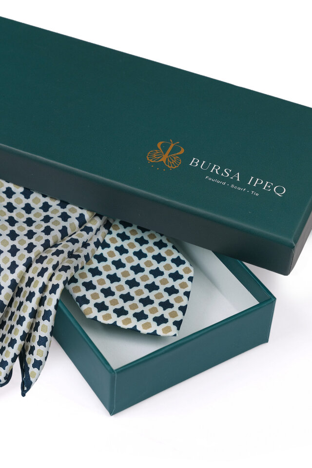 Petrol Mavi Desenli İpek Kravat Takımı - 4