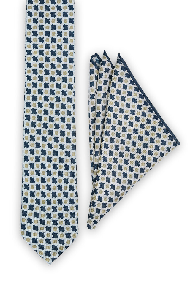 Petrol Mavi Desenli İpek Kravat Takımı - 2