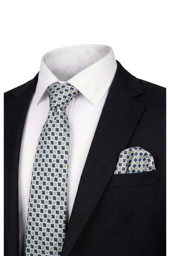 Petrol Mavi Desenli İpek Kravat Takımı 