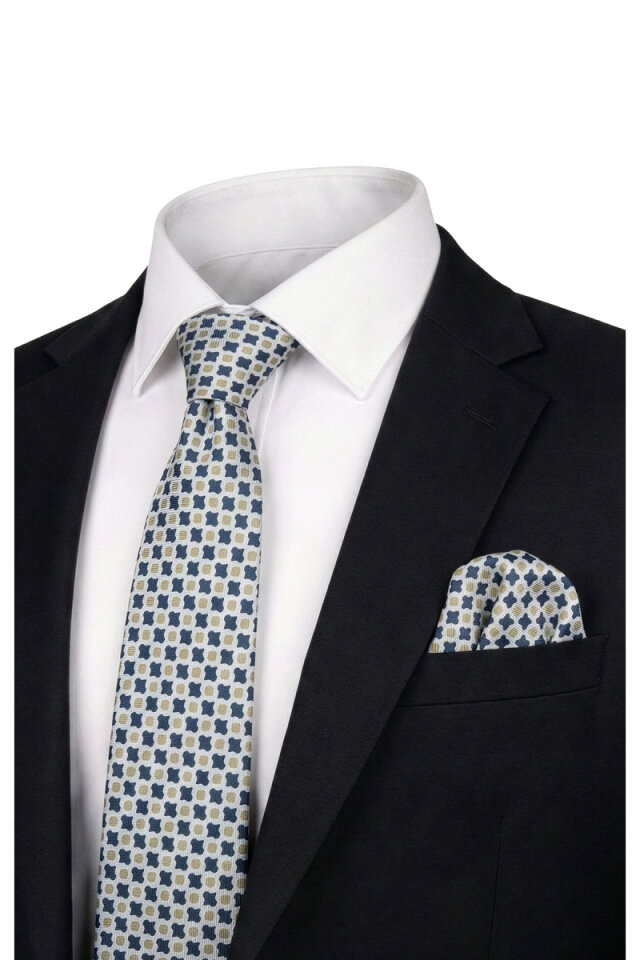 Petrol Mavi Desenli İpek Kravat Takımı - Bursa İpek