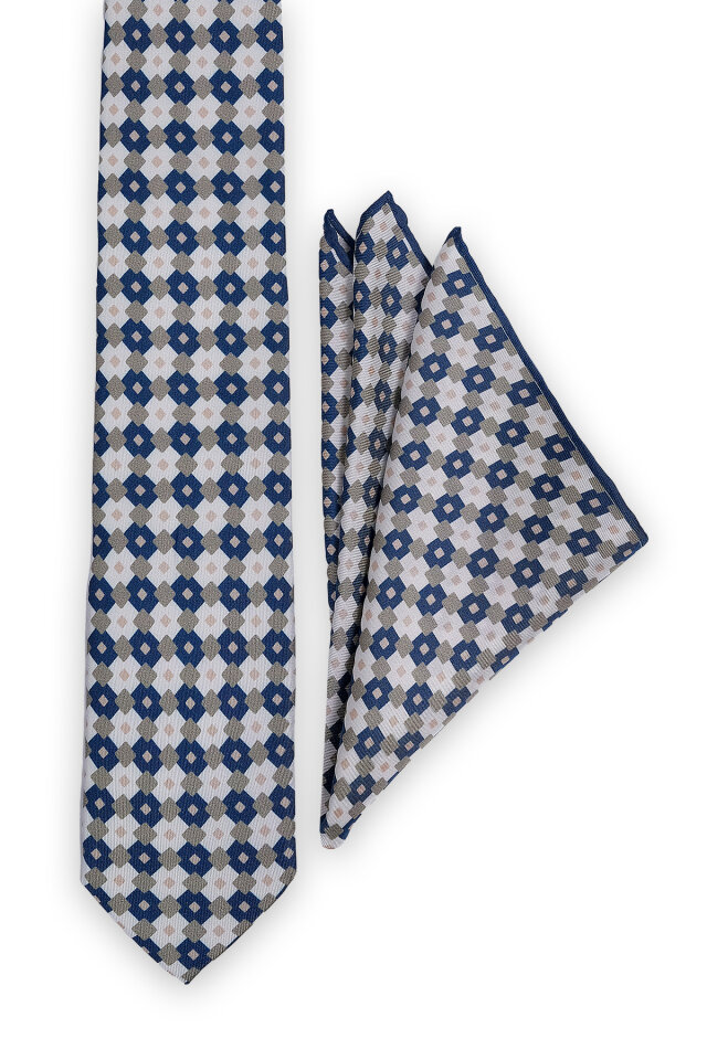 Petrol Mavi Desenli İpek Kravat Takımı - 2